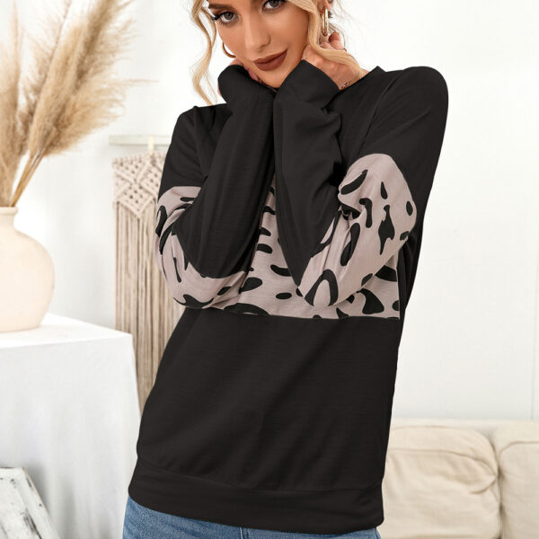 Knitted Leopard Print Pullover Round Neck Contrast Color Patchwork Sweatshirt Women - Image 2