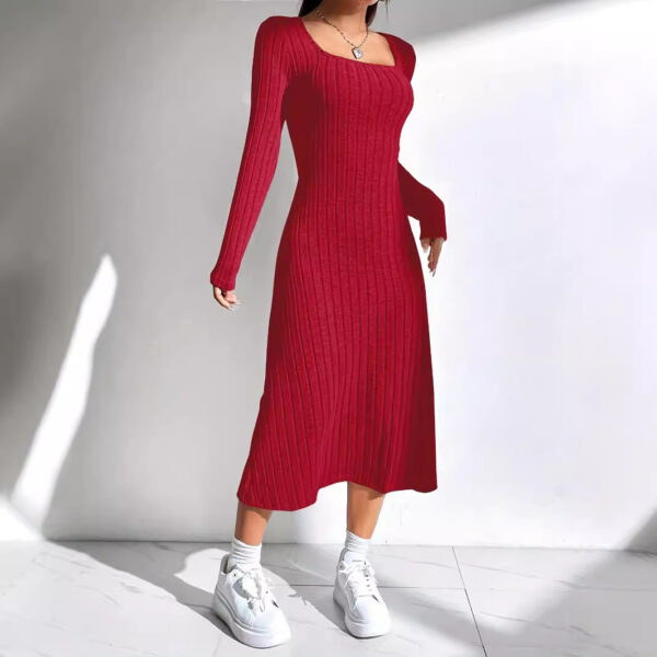 Thread Knitted Sunken Stripe Long Sleeve Big Hem Dress - Image 8