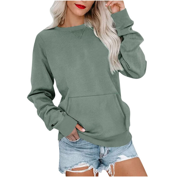 Solid Color Pullover Sweatshirt With Pocket Fashion Loose Round Neck Long Sleeves Top Womens Clothing - Image 3