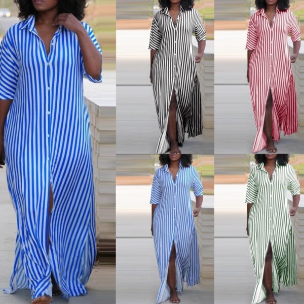 Loose V-neck Long Striped Shirt Dress Women