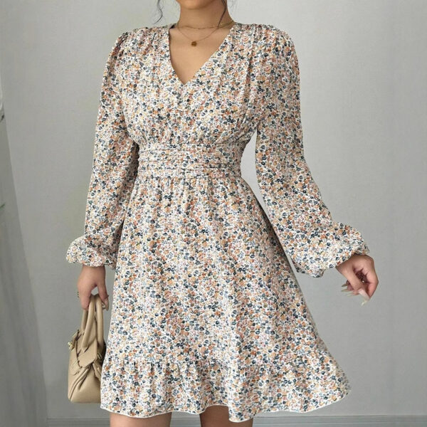 Printed V-neck Long-sleeve Dress Women - Image 6