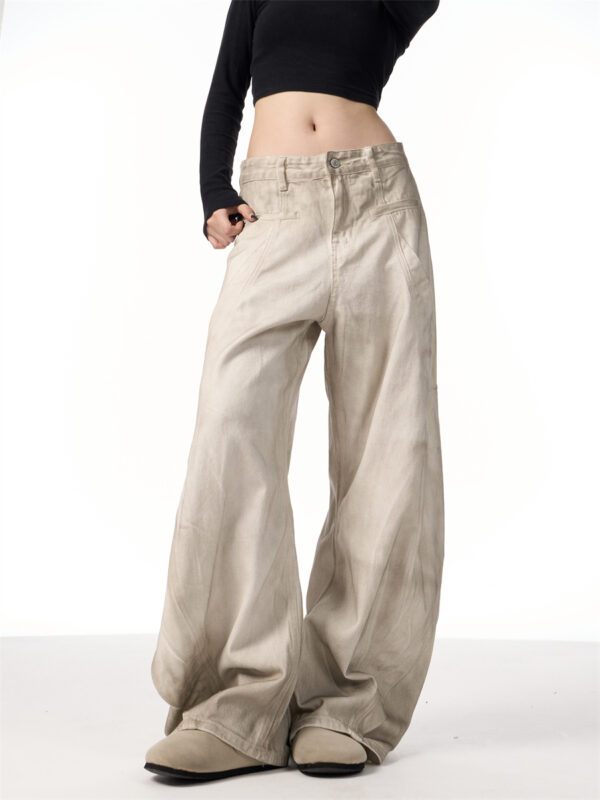 Retro Distressed Dirty White Wide Leg Pants Casual Trousers - Image 9