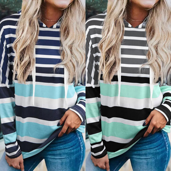 Women's Striped Hooded Long Sleeve Loose Casual Sweatshirt