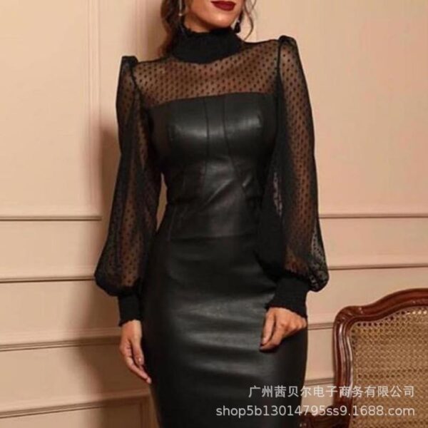 Black Mesh Stitching Tight Leather Skirt - Image 2