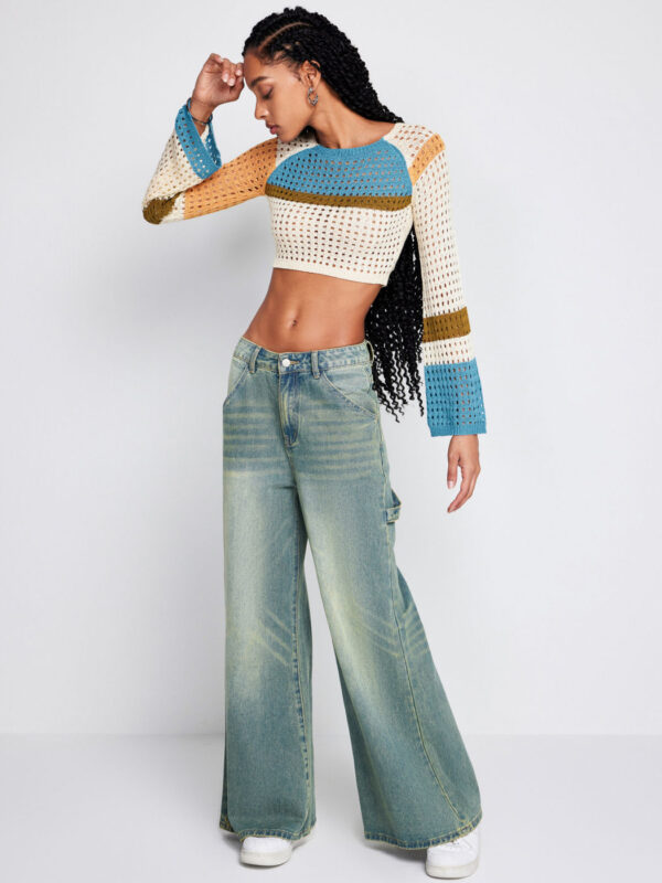 2023 Contrasting Color Stitching Long -sleeved Hollow Sweater Short Waist Knit Sweater - Image 3