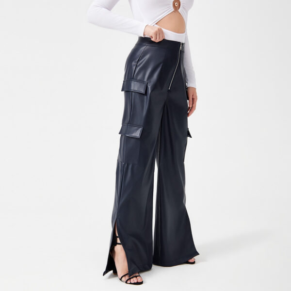 Fashion PU Trousers Metal Zipper Pocket Long Pants - Image 6