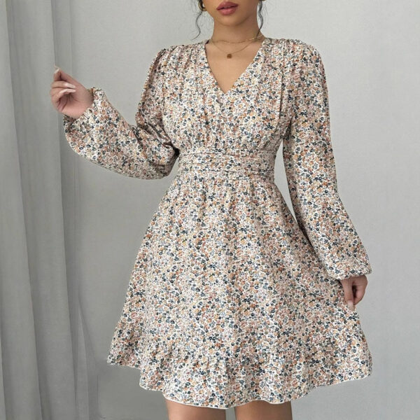 Printed V-neck Long-sleeve Dress Women - Image 5