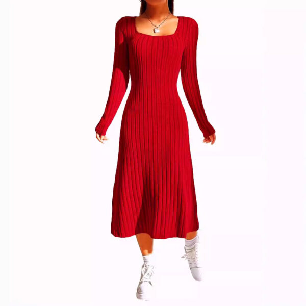 Thread Knitted Sunken Stripe Long Sleeve Big Hem Dress - Image 3