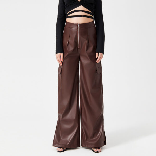 Fashion PU Trousers Metal Zipper Pocket Long Pants - Image 7