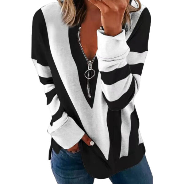 Printed Long Sleeve V-Neck Zip Casual Loose Sweatshirt