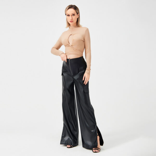 Fashion PU Trousers Metal Zipper Pocket Long Pants - Image 4