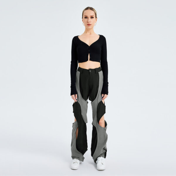 Sports Fashion High Waist Lace-up Color Contrast Breasted Loose Casual Woven Pants - Image 2