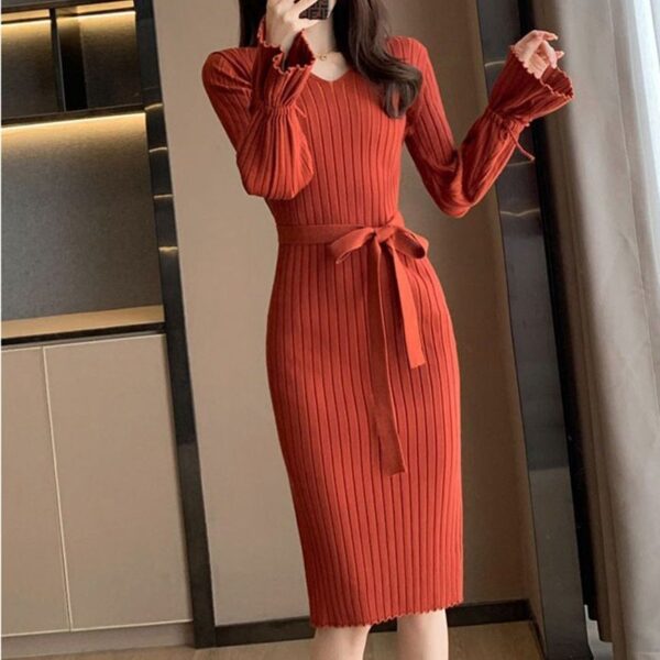 Bell Sleeve Solid Color Knitted Dress Autumn And Winter - Image 8