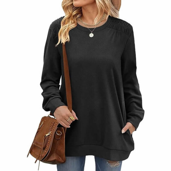 Fashion Long Sleeve Pullover Sweatshirt With Pockets Casual Loose Solid Color Top Womens Clothing - Image 9