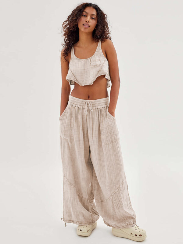 Loose Wide Leg Pants Women Drawstring Leggings Trousers - Image 8