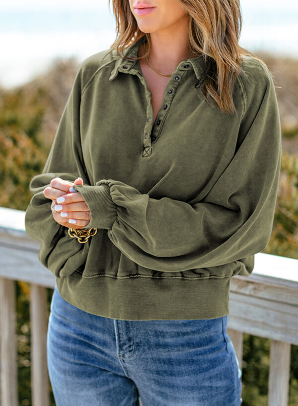 Long-sleeve Blue-dyed V-neck Pullover Sweatshirt - Image 2
