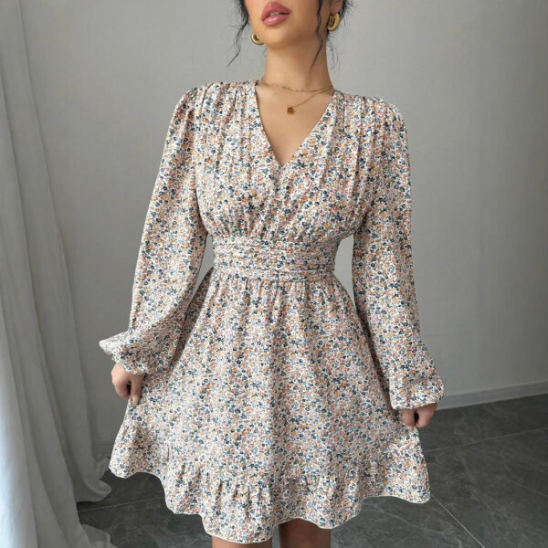 Printed V-neck Long-sleeve Dress Women - Image 3