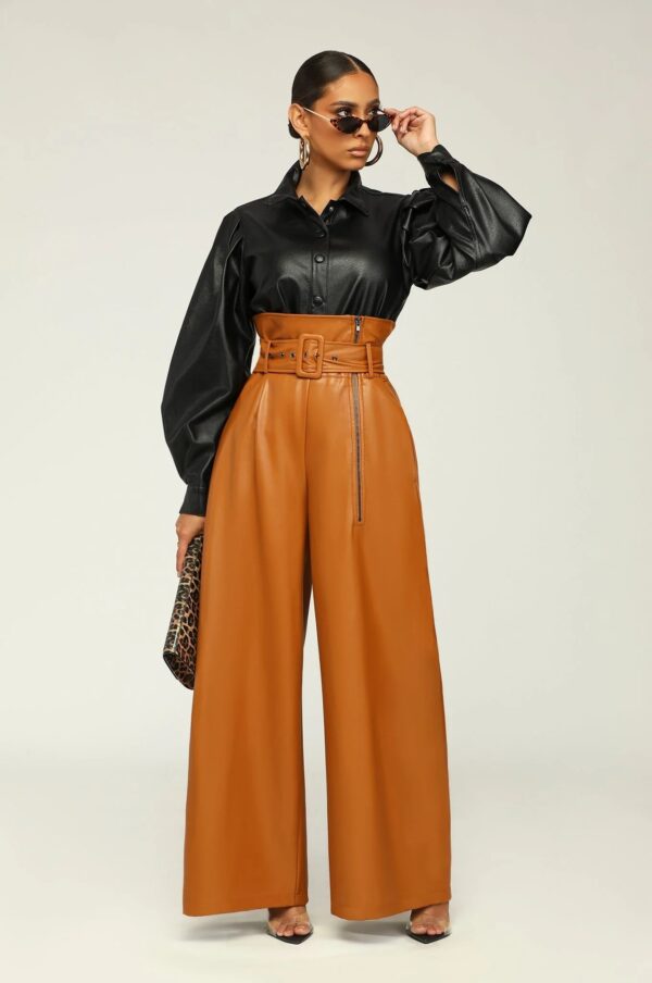 High Waist PU Leather Pants Metal Belt Wide Leg Trousers - Image 4