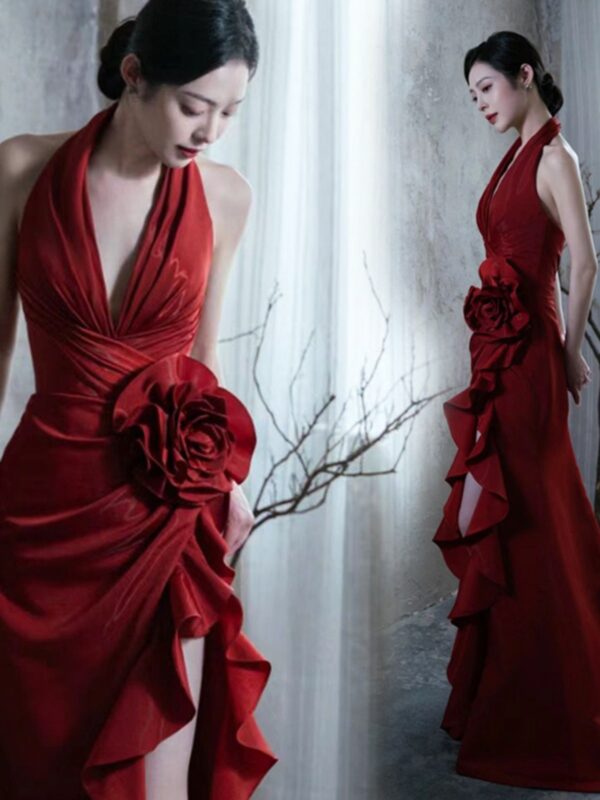 Socialite Style Wine Red Elegant Halter Bride Wedding Toast Dress - Image 9