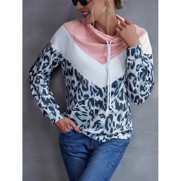 Leopard Print Contrast Color Patchwork Pullover Hooded Sweater Top Women - Image 3