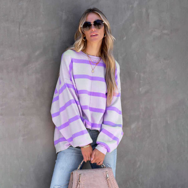 Women's Fashion Striped Printed Long Sleeve Casual Loose Top - Image 3