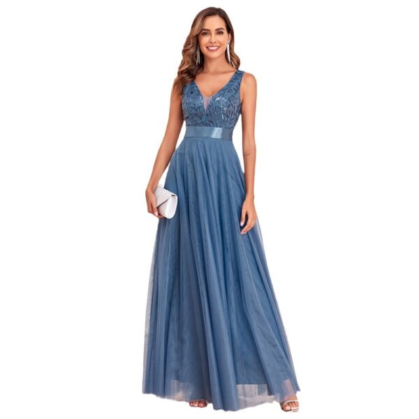 Patchwork Stretch Waist Sleeveless Double V-neck Evening Dress - Image 3