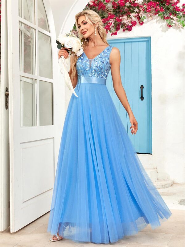 Patchwork Stretch Waist Sleeveless Double V-neck Evening Dress - Image 5