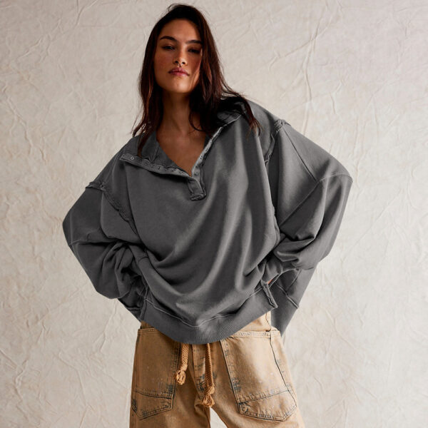 Fashion Button Lapel Sweatshirt With Slit Design Casual Sports Lantern Sleeve Pullover Top Sportswear For Womens Clothing - Image 5
