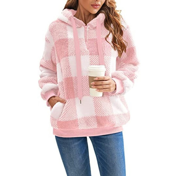Fashion Plaid Hooded Sweatshirt With Pockets Casual Zipper Plush Tops For Womens Clothing - Image 8