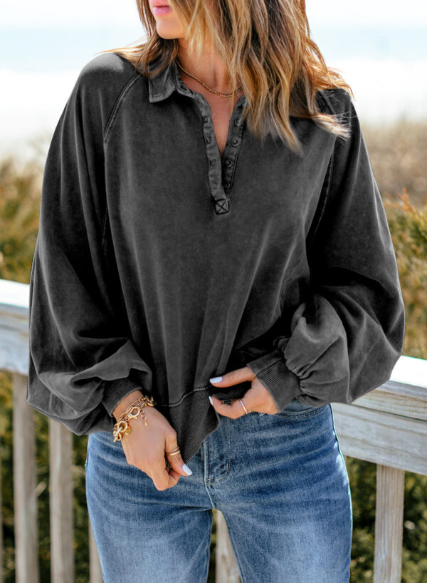 Long-sleeve Blue-dyed V-neck Pullover Sweatshirt - Image 3
