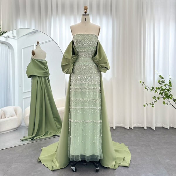 Foreign Trade Tube Top Heavy Industry Beads Off-shoulder Satin Trailing Evening Dress - Image 6