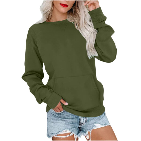 Solid Color Pullover Sweatshirt With Pocket Fashion Loose Round Neck Long Sleeves Top Womens Clothing - Image 5