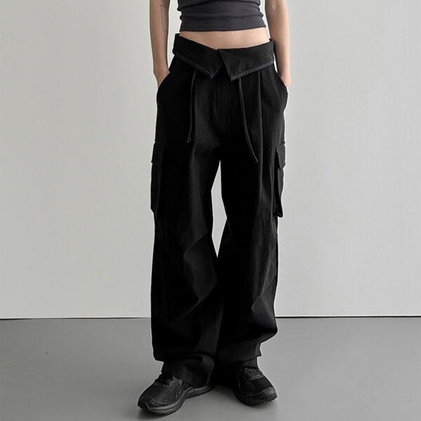 Solid Color Waist Cuff Lace Loose Cargo Pocket Lounge Pants - Image 4