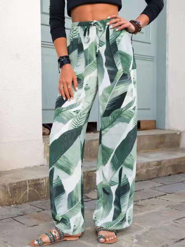 Fashion Drawstring Leaf Print Beach Pants Summer Casual Loose Wide Leg Straight Trousers Womens Clothing - Image 6