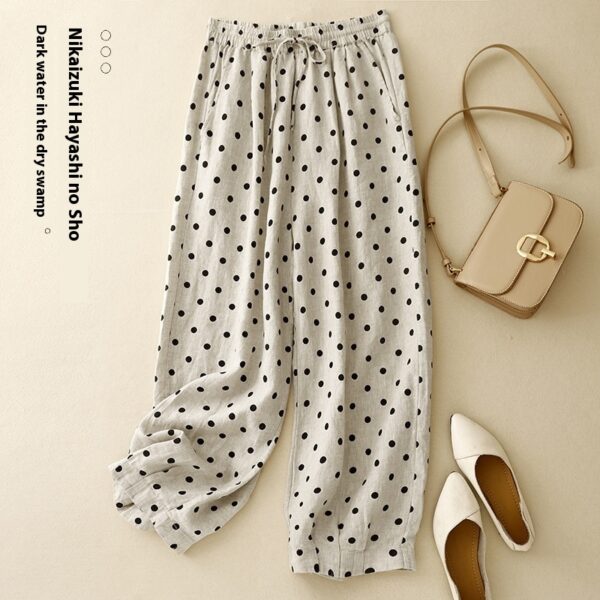 Cotton Hemp Polka Dots Tied Elastic Waist Harem Pants For Women