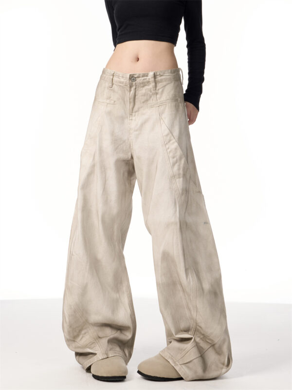 Retro Distressed Dirty White Wide Leg Pants Casual Trousers - Image 3