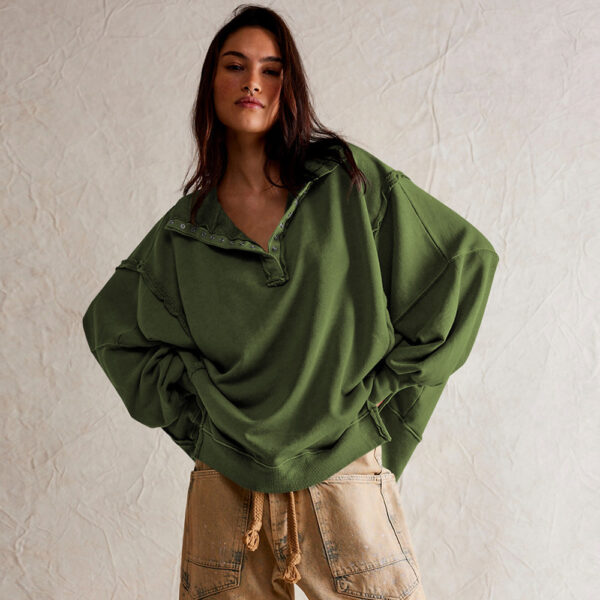 Fashion Button Lapel Sweatshirt With Slit Design Casual Sports Lantern Sleeve Pullover Top Sportswear For Womens Clothing - Image 9