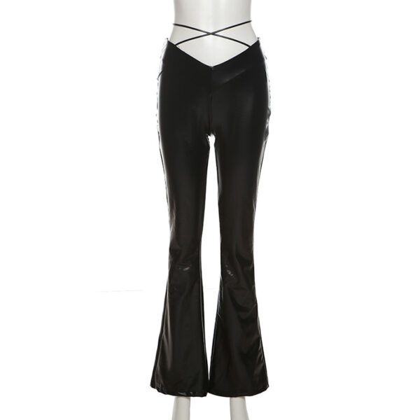 Slim PU Leather Casual Pants With High Waist Straight Leg And Wide Leg Strap - Image 3