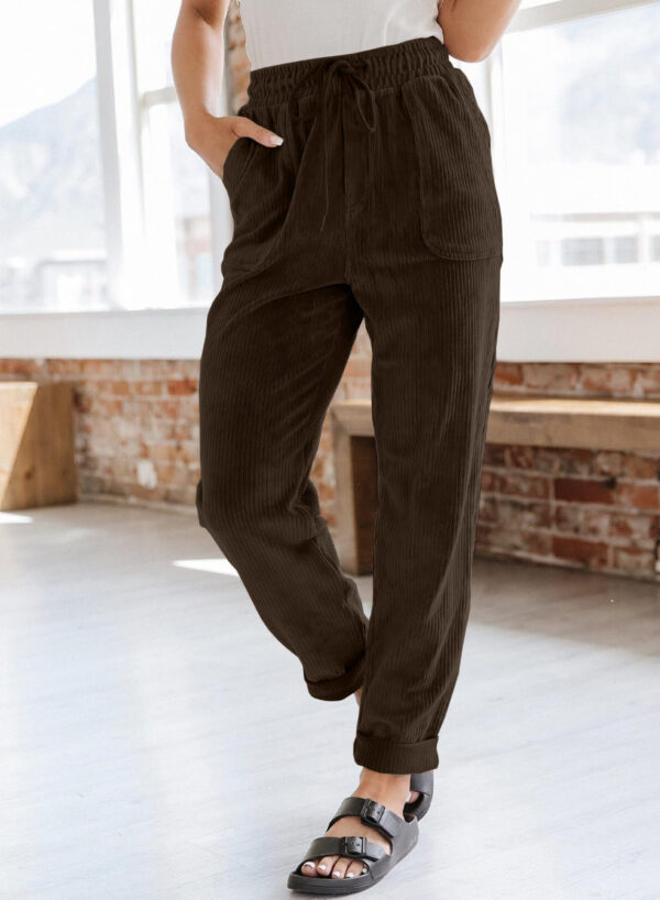 Corduroy Trousers For Women Casual Fashion Solid Color Elastic Waist Wide Leg Pants With Pockets - Image 4