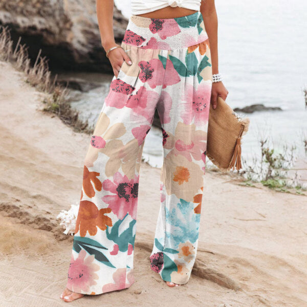 Women's Casual Wide-leg Cotton And Linen Printed Loose Trousers - Image 7