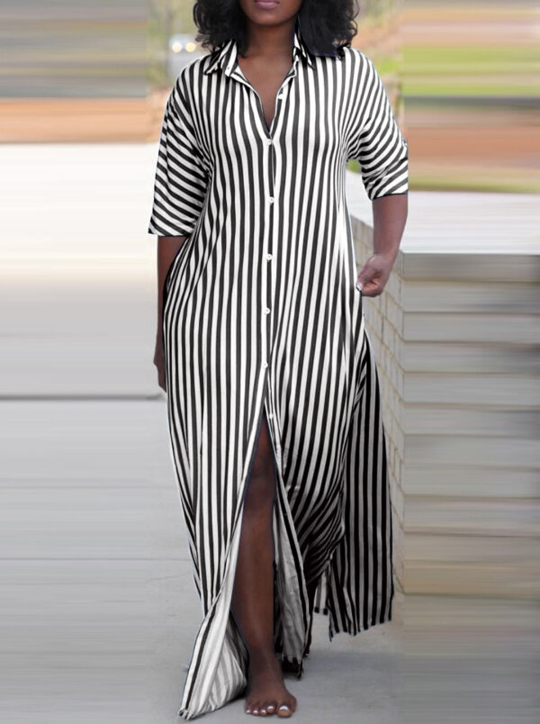 Loose V-neck Long Striped Shirt Dress Women - Image 6