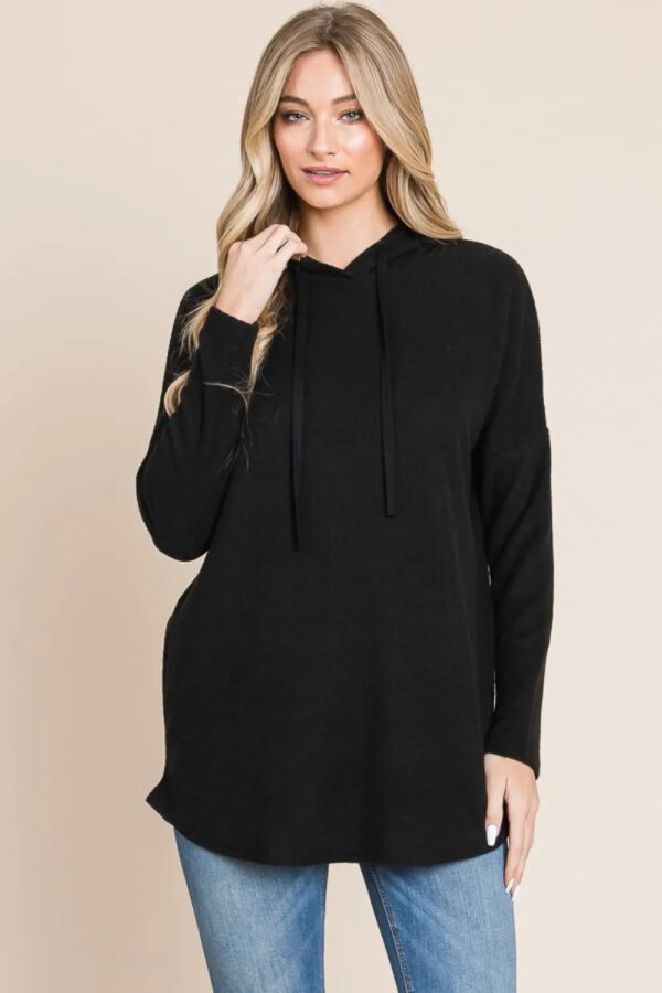 BOMBOM Contrast Drawstring Drop Shoulder Knit Hoodie - Image 2