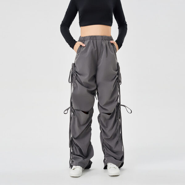 Street Drawstring Hole Casual Loose Wide Legs Cargo Pants - Image 4