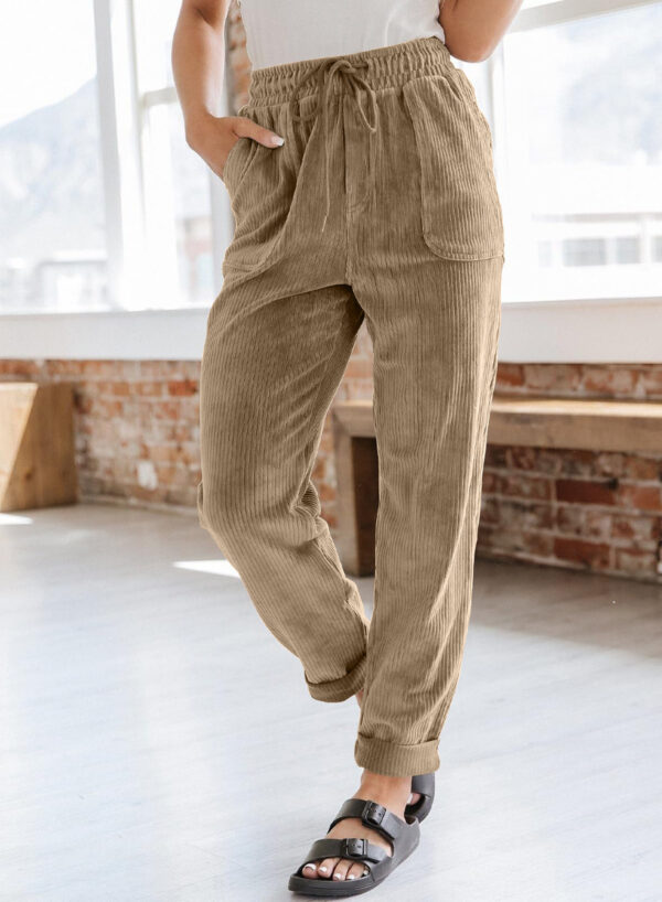 Corduroy Trousers For Women Casual Fashion Solid Color Elastic Waist Wide Leg Pants With Pockets - Image 2