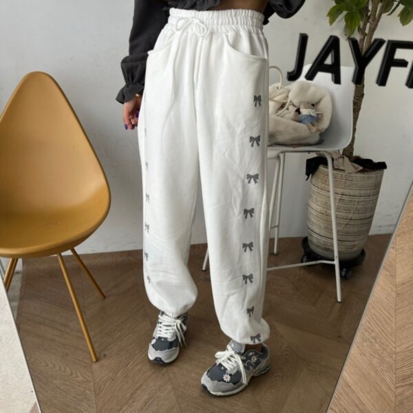High Waist Elastic Bowknot Printing Plus Velvet Casual Pants - Image 8