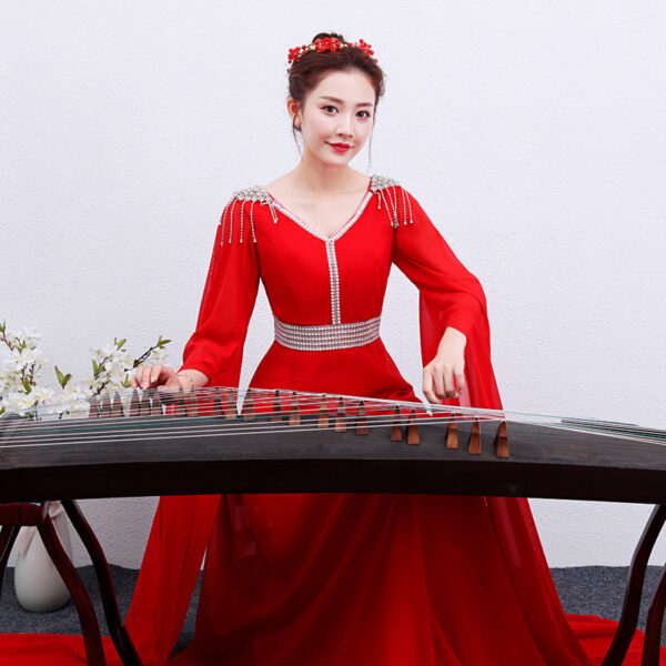 The Red Long Guzheng Performance Dress Is Elegant And Slim - Image 3
