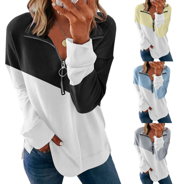Contrast Color Zip Pullover Sweatshirt Loose Versatile Long Sleeve Top