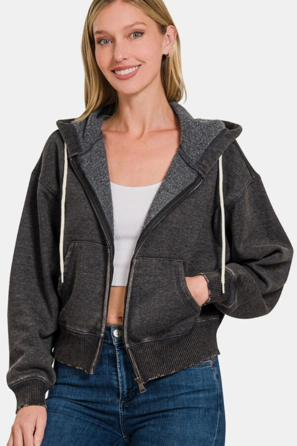 Zenana Acid Wash Fleece Zip-Up Cropped Hoodie - Image 3