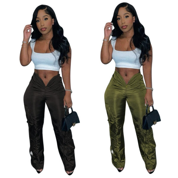Women's Zipper Closure Strap Solid Color Green Casual Trousers - Image 3