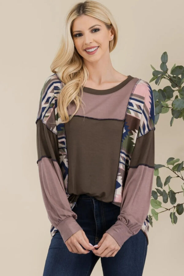 Celeste Full Size Exposed Seam Printed Color Block T-Shirt - Image 3